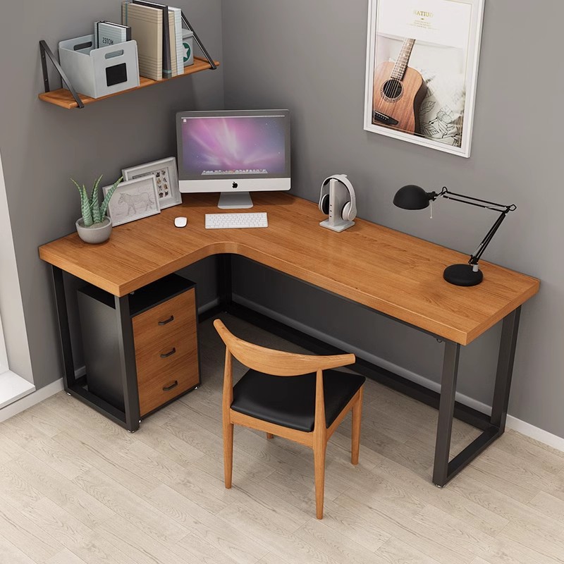L-shaped solid wood corner desk for two people, writing and working office desk, home corner computer desk, bedroom long workbench