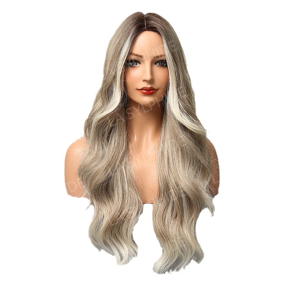 Peluca con ondas grandes, raya en medio, degradado gris ahumado a dorado, estilo europeo y americano, cabello sintético para mujer de TikTok, cabello largo y rizado para toda la cabeza, Meike Duo.