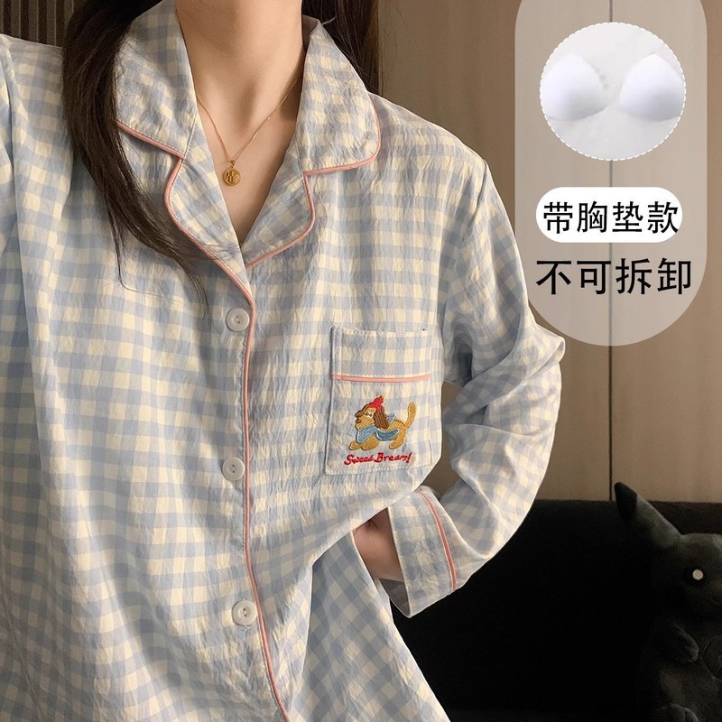 带胸垫黑灰色KT猫睡衣女款春秋季纯棉纱布长袖可爱学生少女家居服|undefined