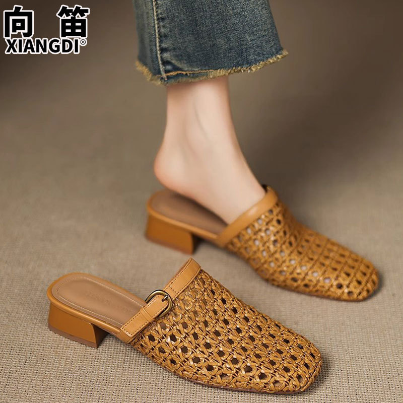 Sheepskin Version Hand-Woven Breathable Cut Out Toe Half Slippers for Women Summer Outer Wear Low Heel Sandals Thick Heel Mules