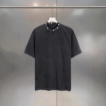 巴黎B家五金配饰穿孔高街短袖世家男女潮流复古做旧磨烂休闲T恤te