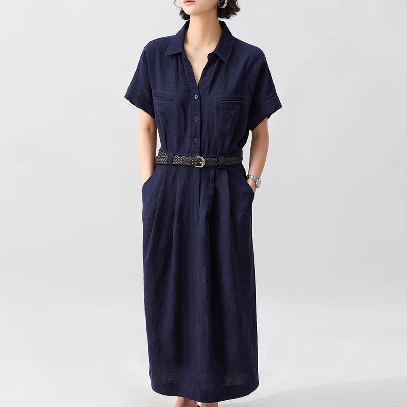 26 Summer New [Lyocell + Linen] French-Style Workwear Lapel Slim-Fit Elegant Waist-Cinching Shirt Dress 22808
