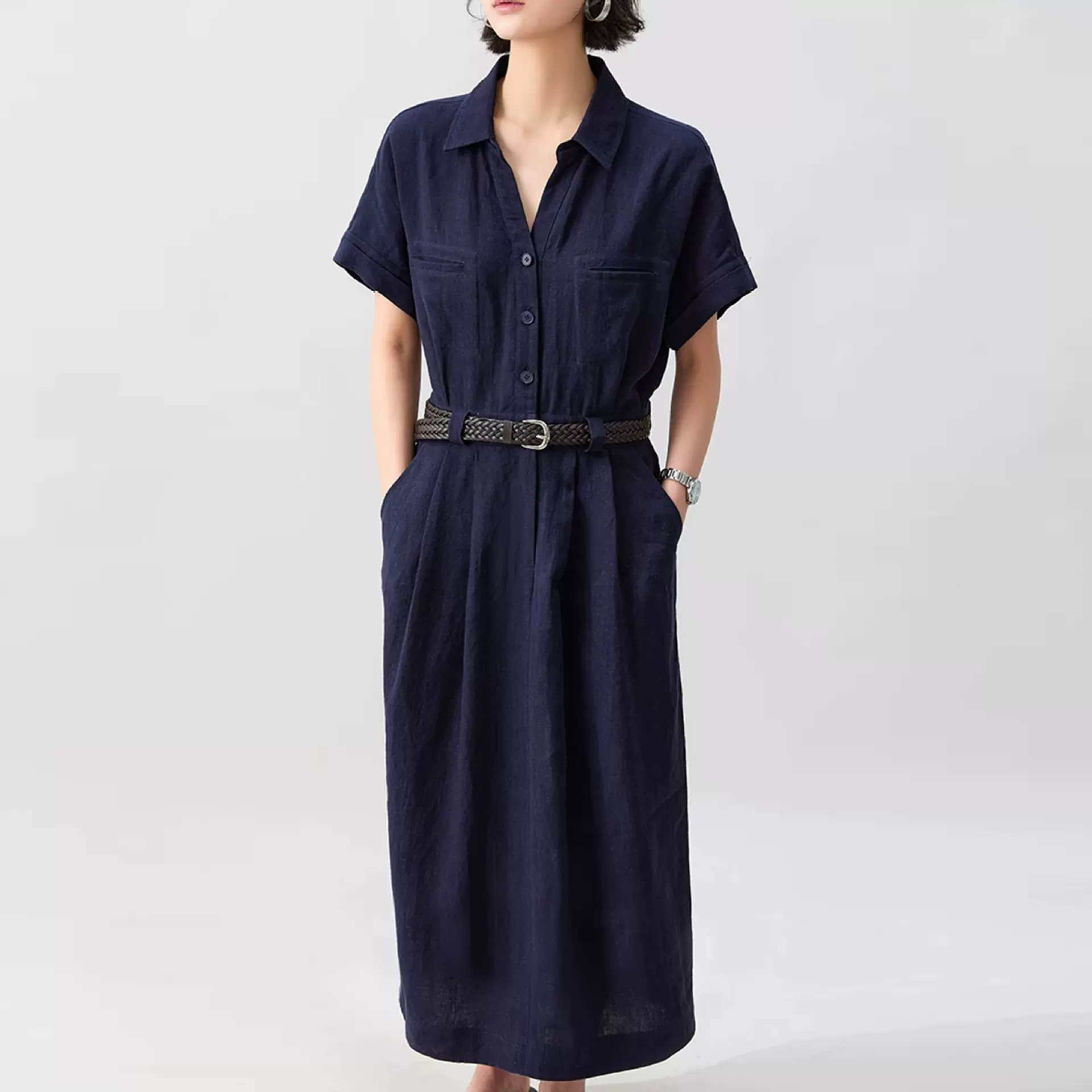 26夏新【莱赛尔+亚麻】法式工装翻领显瘦气质收腰衬衫连衣裙22808