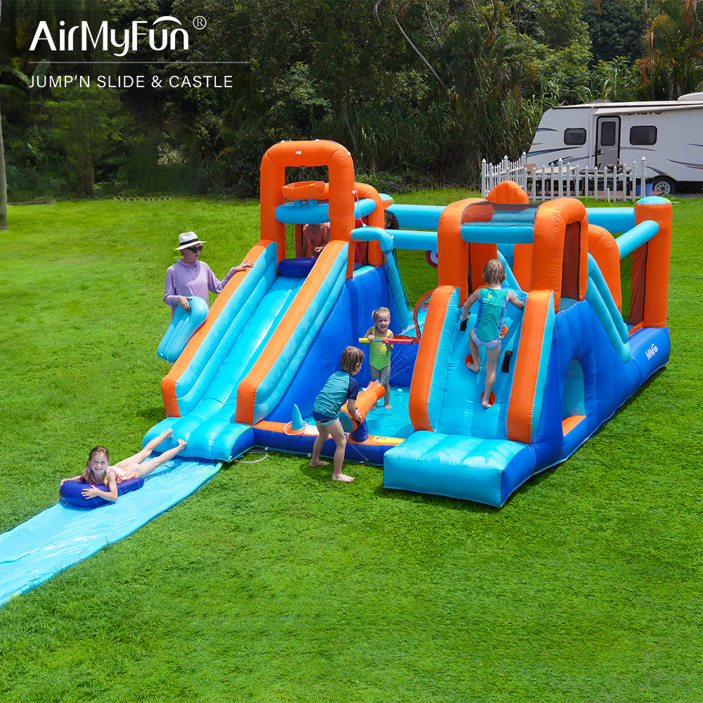 AMF | Castillo inflable para el hogar, parque infantil de rociado de agua, interior y exterior, tobogán de rociado pequeño para el hogar, castillo de salto