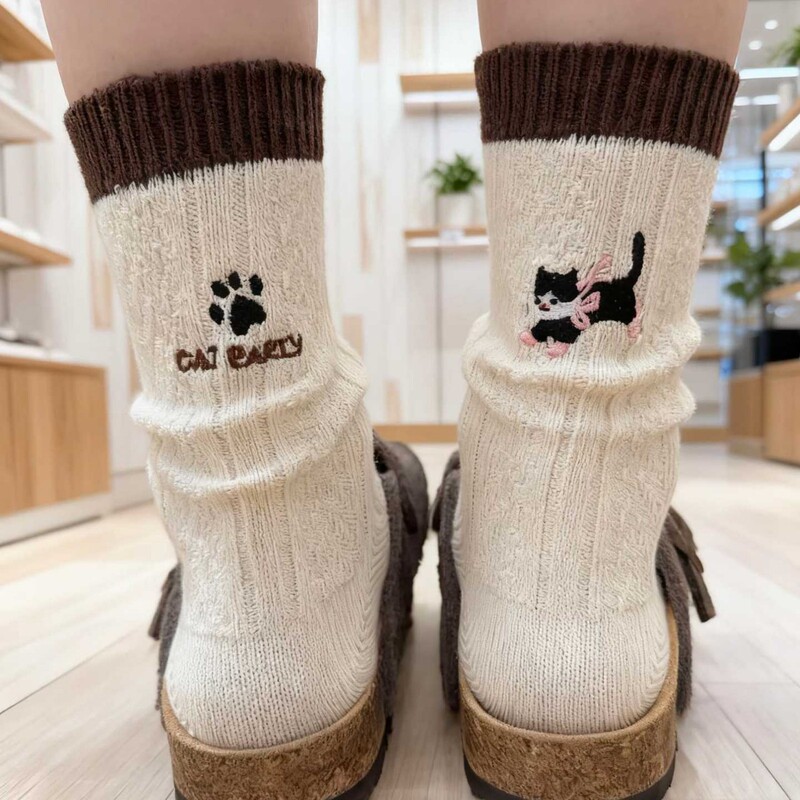 Autumn and Winter Women's Mid-Calf Socks with Cartoon Cat Paw Print Embroidery, Slouch Socks, Thick Knit, Cute Women's Socks, Zhuji Socks