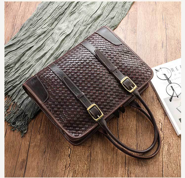 Zhuanshan Hand-Woven Women's Handbag Vegetable Tanned Top Grain Cowhide Leather Men's Office Briefcase Large Capacity Laptop Bag - Thumbnail 7