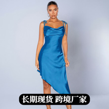 外贸亚马逊欧美女装独立站2025色丁连衣裙秋季新款晚礼服性感裙子