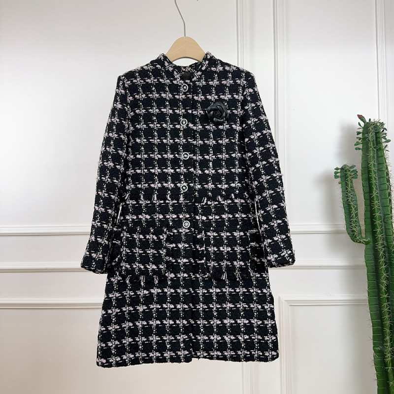 2025 New Style Small Fragrant Black and Purple Plaid Tweed Stand Collar Single-Breasted Stereo Flower Mid-Length down Coat