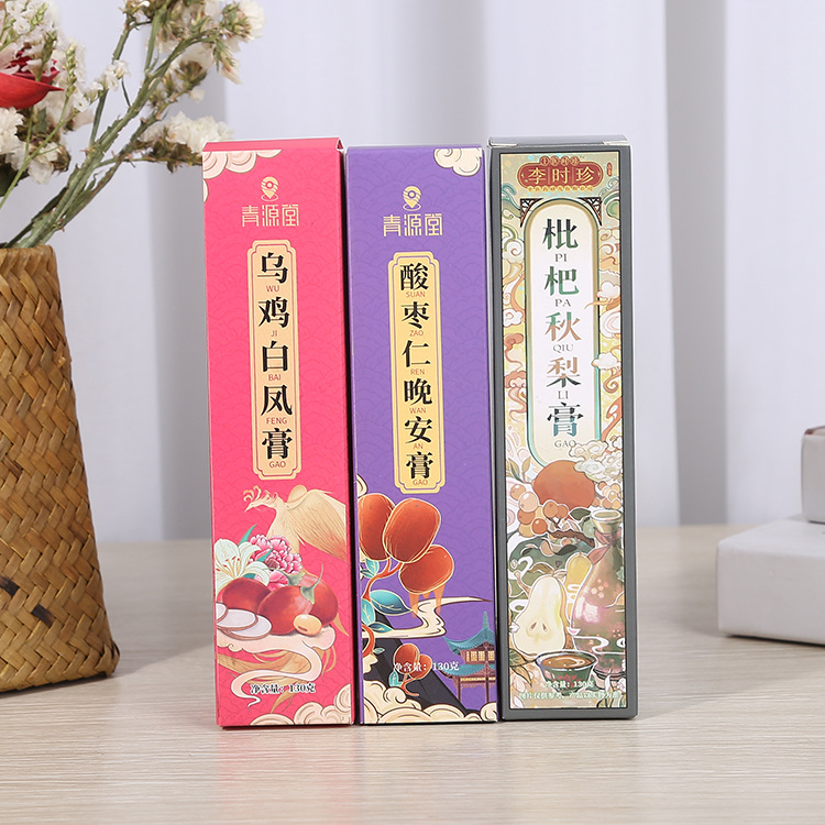 厂家定制便携瓶装纸盒130g李时珍枇杷雪梨膏食品包装盒定制logo