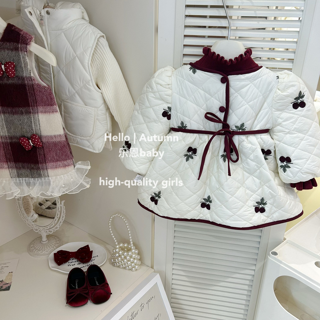 [Ropa de niños de Leen] niñas invierno estilo de cereza con vestido de terciopelo bebé moda coreana vestido cálido vestido de princesa