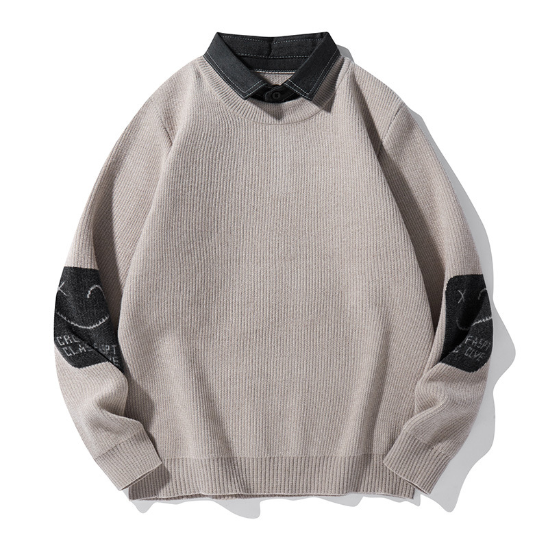 Men's Layered-Look Knit Sweater With Shirt Collar - Warm Long Sleeve Pullover For Autumn/Winter (Black/Beige/Khaki, M-Xxl)_voghion.com