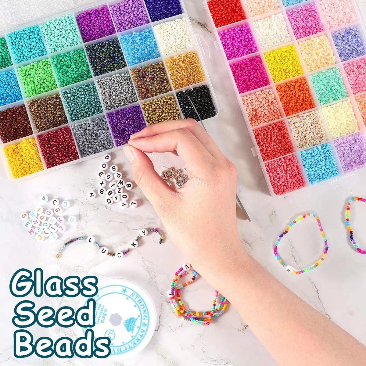 Amazon Explosive 48 Color Perforated Glass Small Rice Bead Set DIY Necklace Bracelet Jewelry Beaded Bead Accessories