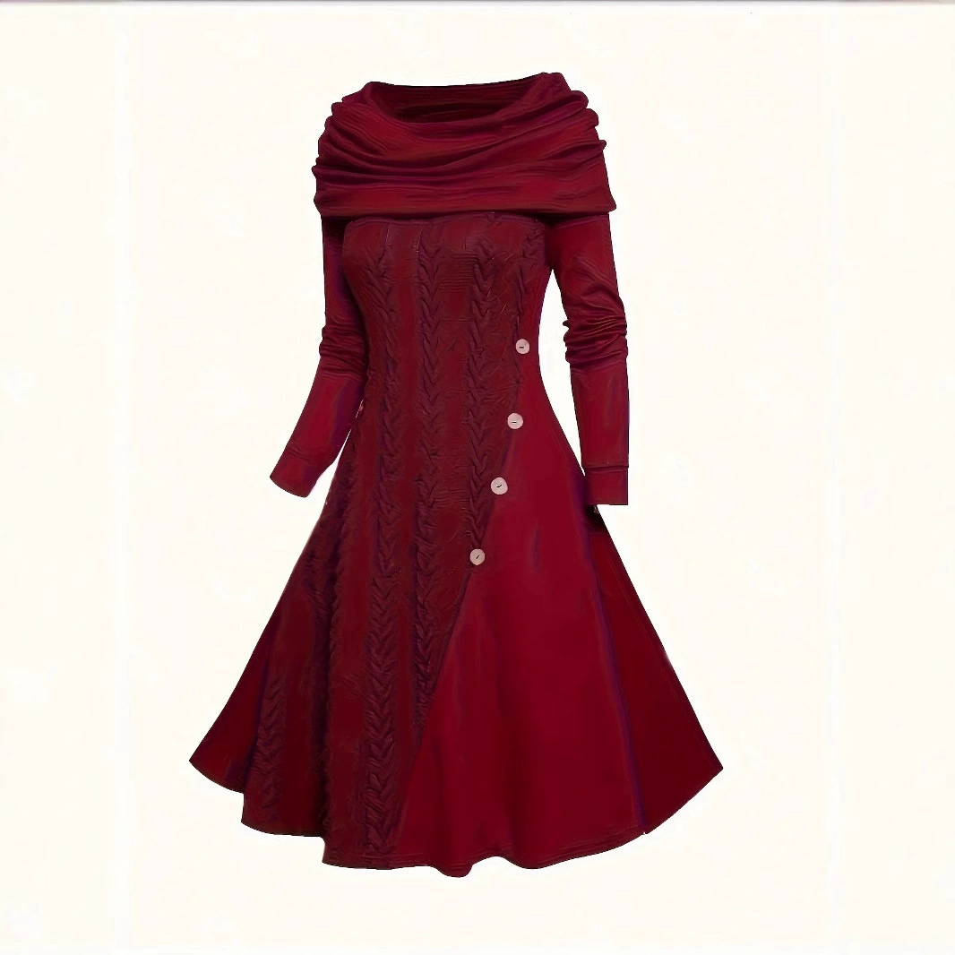 2024 осень и зима трикотажное платье с длинными рукавами на пуговицах шарф шея нитка трикотажное платье