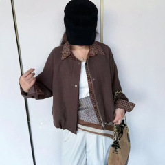 韩版宽松休闲格子拼接撞色毛呢外套女2025秋季时尚减龄上衣显瘦潮