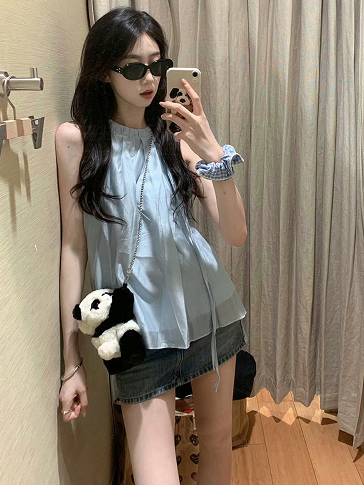 Корейский сладкий синий топ без рукавов с открытыми плечами, женская летняя верхняя одежда, дизайнерский нишевый свободный топ с лямкой на бретельках