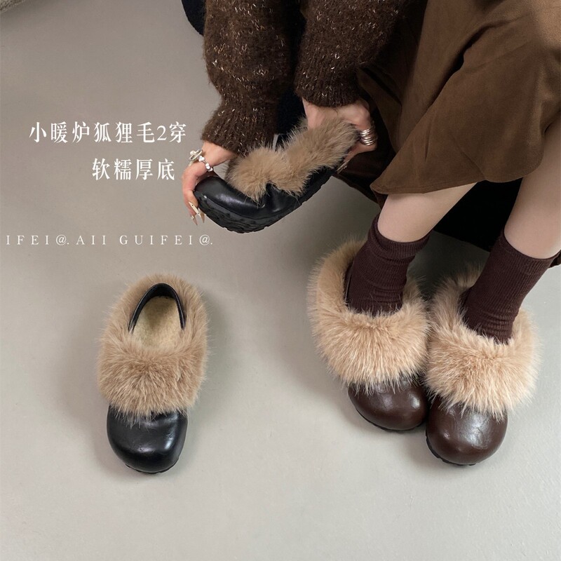 2025 Winter Retro All-Match Furry Cotton Slippers Women's New Velvet Warm Shoes Two-Wear Snow Boots