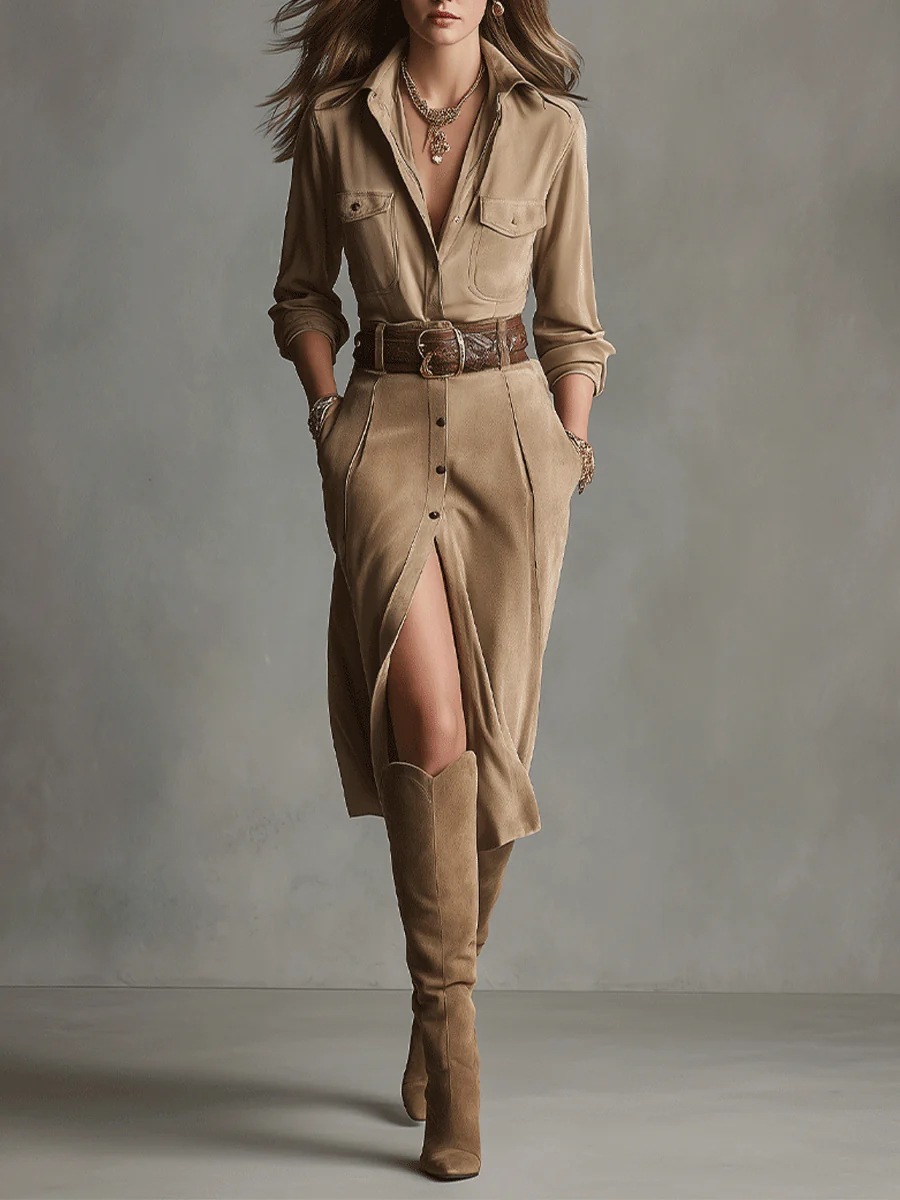 2025 European and American Fashion French Waist Dress Autumn and Winter Mid-Length Single-Breasted Long-Sleeved Bottoming Over-The-Knee Shirt Dress