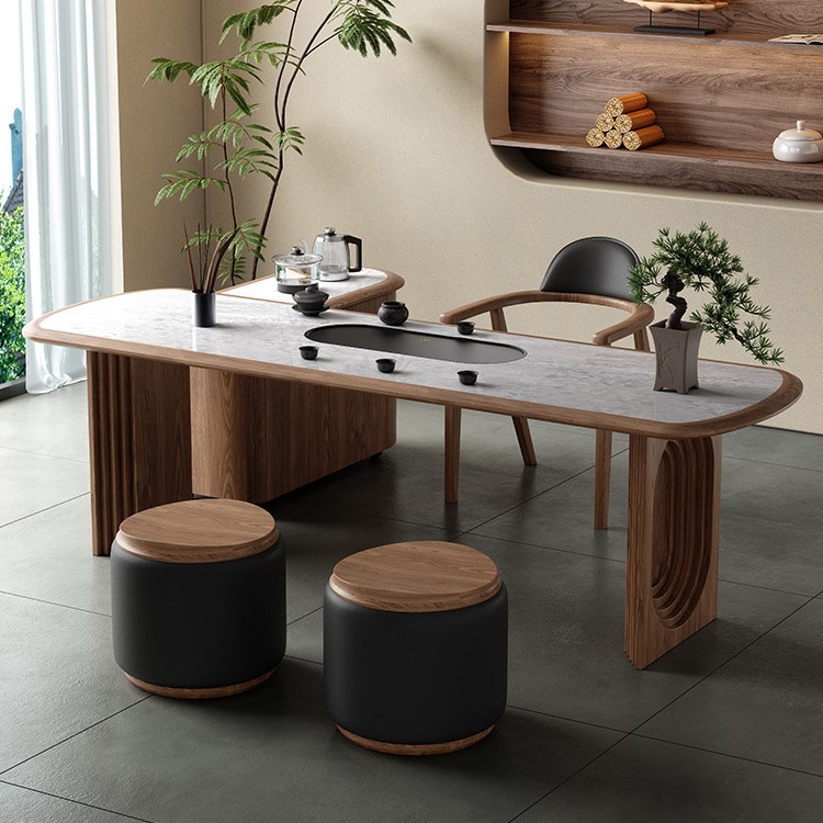 Mesa de té moderna y sencilla, sala de estar de lujo ligero, coche de té móvil para el hogar, mesa de té de roca de madera maciza, combinación de mesa y silla de té con hervidor