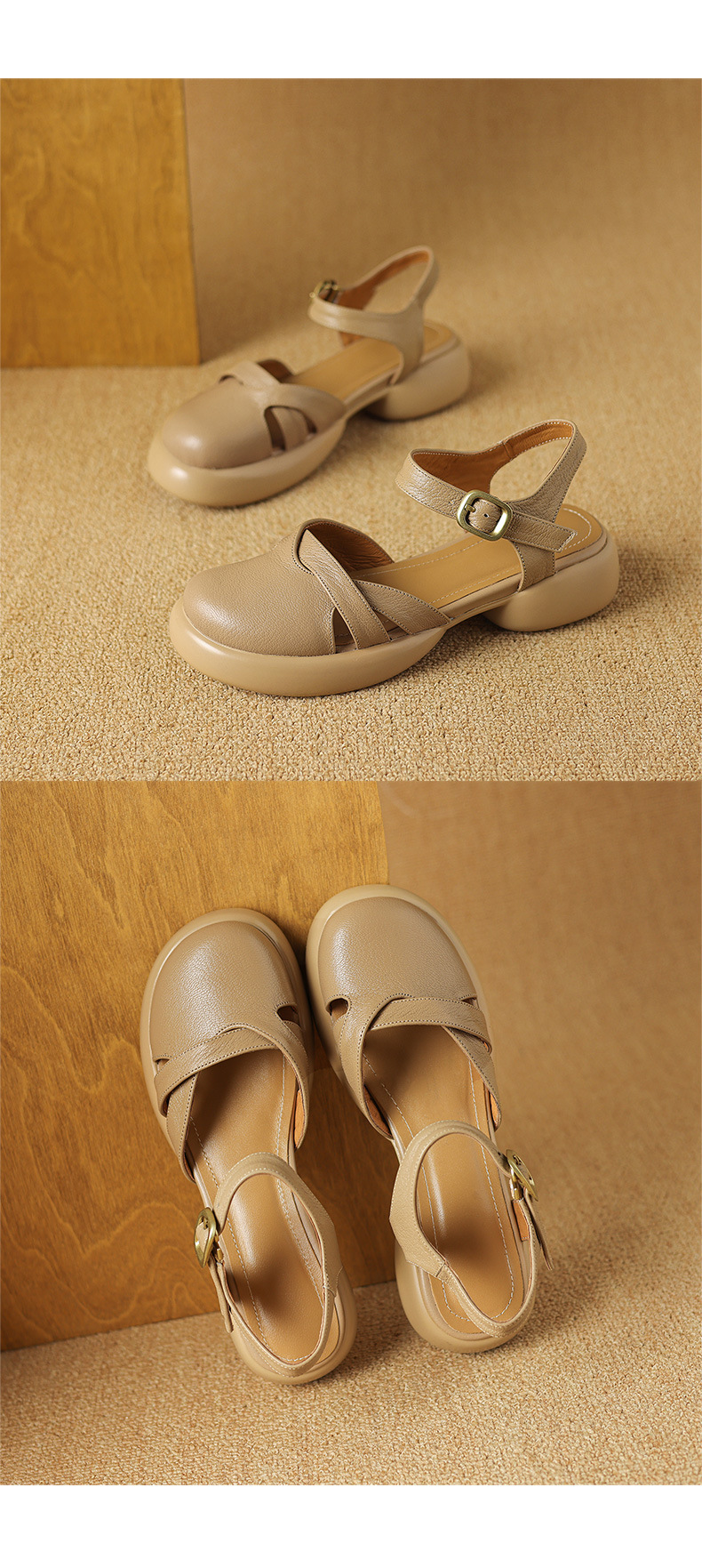 Sandal nữ quai ngang hở lưng mũi tròn đế dày da thấp — Màu trắng be chi tiết 17