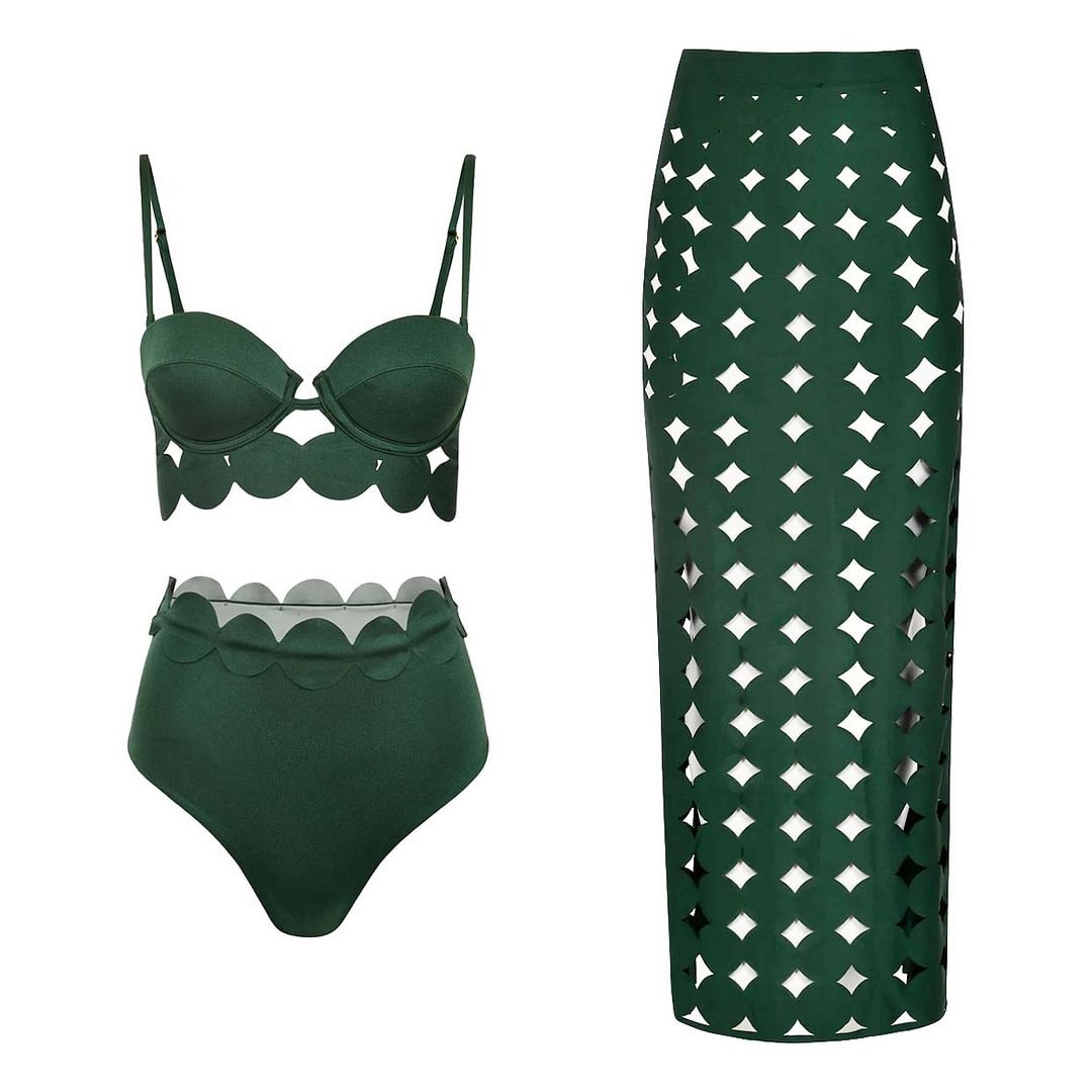 in stock 2025 New Laser Cut Fashion Sexy Swimwear Women's European and American Cross-border Swimsuit Split Three-piece suit