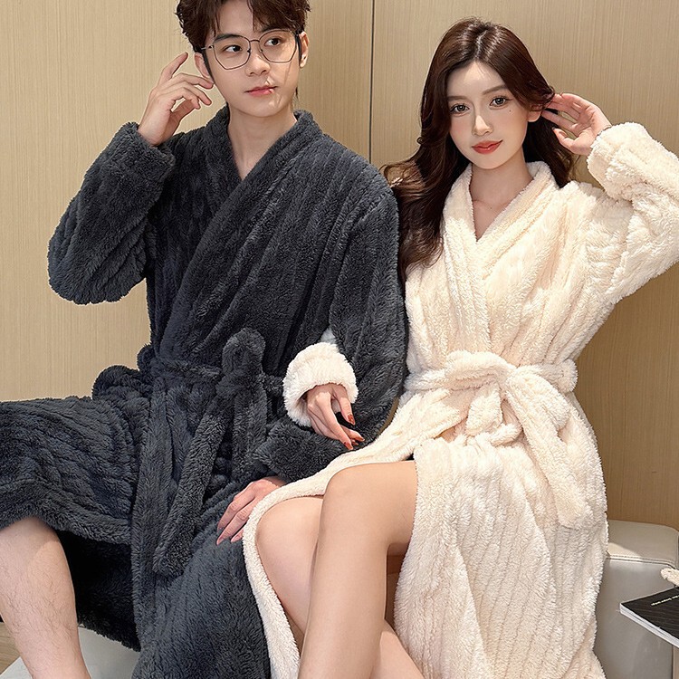 Cross-Border Foreign Trade Russian Couple's Bathrobe for Women, Winter Coral Fleece Thickened Hotel Bathrobe for Men, Large Size Home Wear