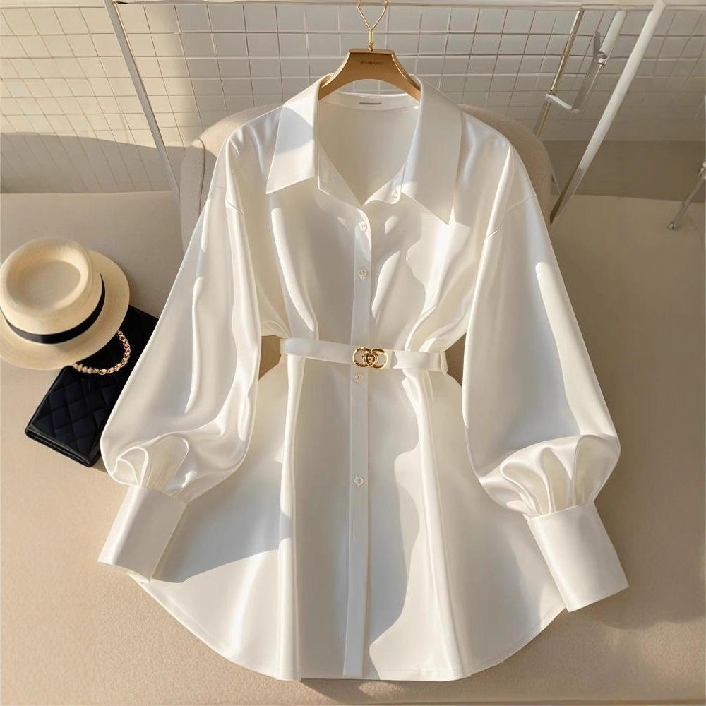 2025 New Autum Style French Style Waist-Cinching Top Slightly Fat Accessible Luxury High-End White Long-Sleeved Shirt for Women