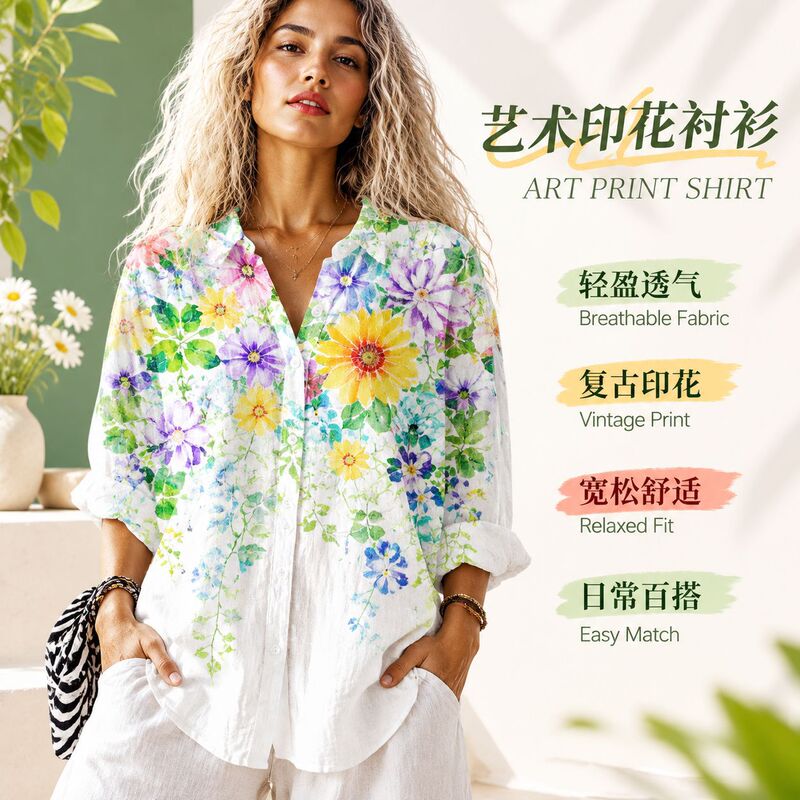 (Imitation linen) 2026 European and American women's casual floral print shirt, women's daisy print shirt, 3D printed shirt (Imitation linen) 2026 European and American women's casual floral print shirt, women's daisy print shirt, 3D printed shirt