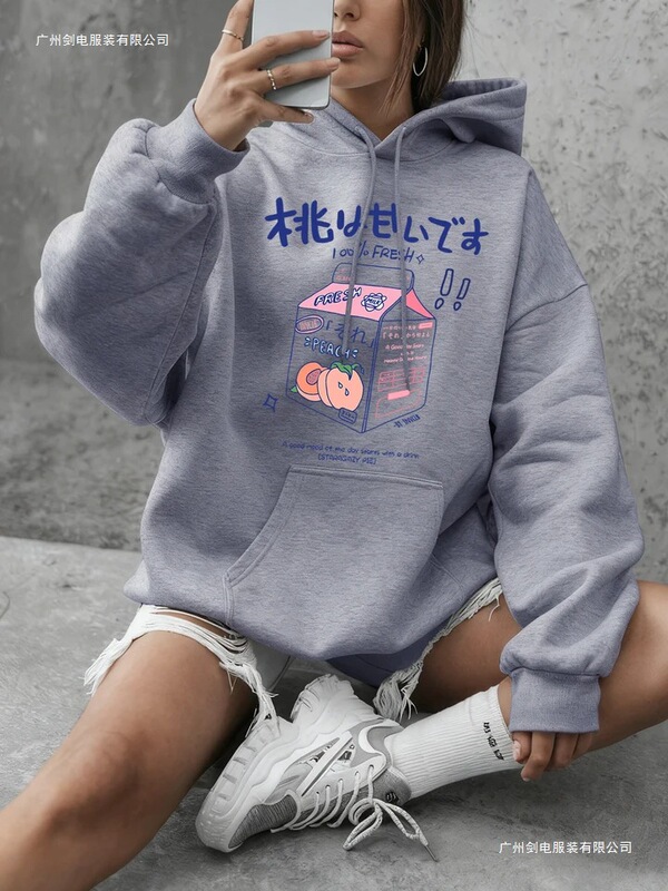 Cross-Border European Size Fresh Peach Print Women's Street Style Sweatshirt Soft O-Neck Casual Sweatshirt