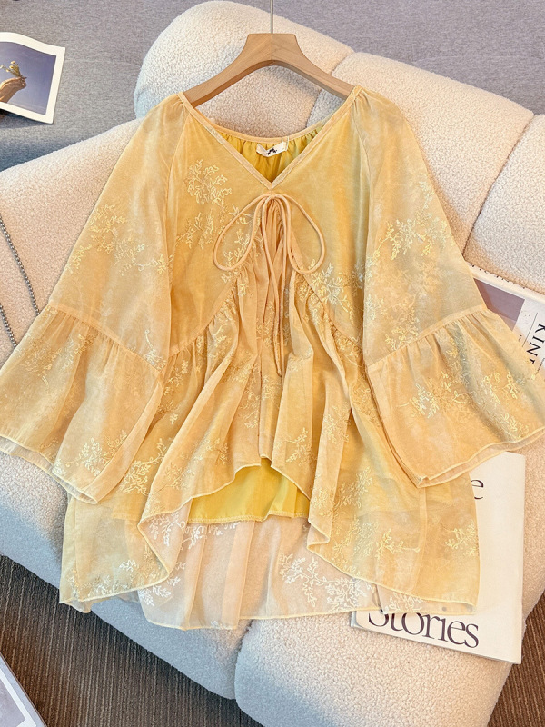 130-350斤大码女装胖mm春秋新款V领荷叶边设计感上衣蕾丝系带小衫|undefined