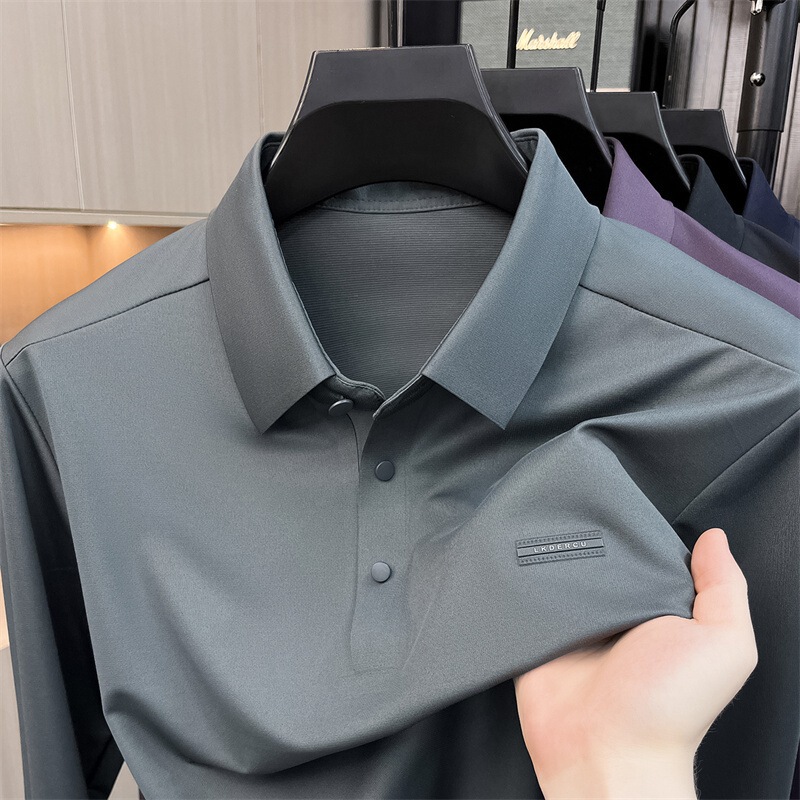 Silk seamless long-sleeve men's t-shirt, 2026 autumn new style, collared, middle-aged business casual men's polo shirt Silk seamless long-sleeve men's t-shirt, 2026 autumn new style, collared, middle-aged business casual men's polo shirt