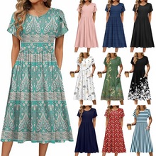 2025欧美外贸跨境女装亚马逊爆款圆领花瓣袖短袖中长款印花连衣裙