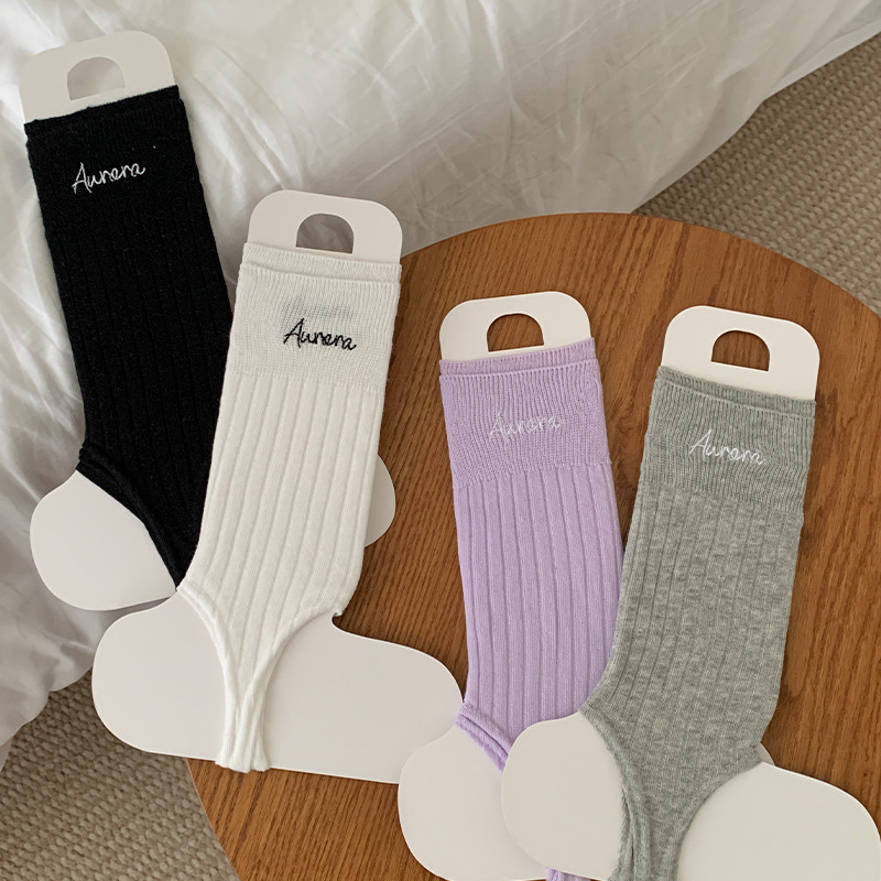 Korean-style embroidered footless socks, thin leg warmers for spring and summer, solid color, simple blogger style, ins-style mid-calf women's socks Korean-style embroidered footless socks, thin leg warmers for spring and summer, solid color, simple blogger style, ins-style mid-calf women's socks