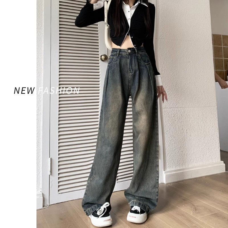 American Style High Waist Wide Leg Jeans Women's Spring and Autumn 2024 Loose Slim-fit Wear Small Women's Pleated Drape Pants