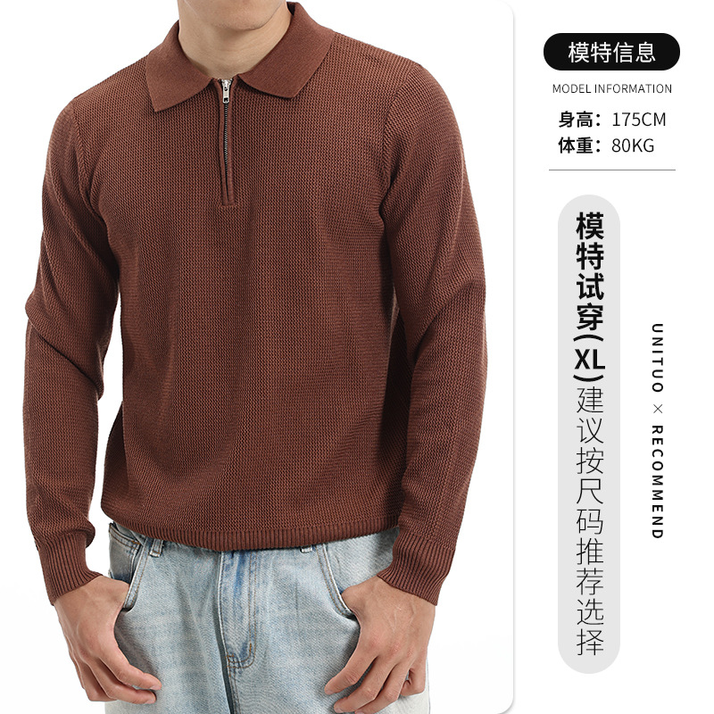 Otoño y invierno de alta calidad polo de punto de manga larga hombre con solapa de negocios medio cremallera de moda suéter de piña estadounidense