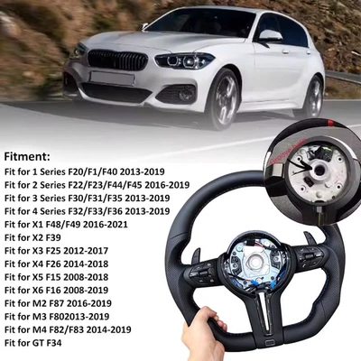Suitable for BMW F30 F10 Steering wheel - semi-perforated-mesh-black-stitching-genuine-leather-black-cross-black-buttons-black-picks-notches