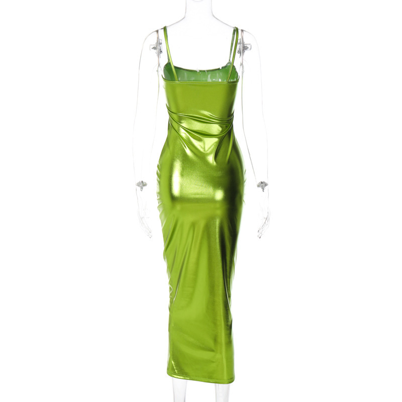 Sexy Solid Color U Neck Sleeveless Patchwork Pu Maxi Long Dress Strap Dress display picture 7