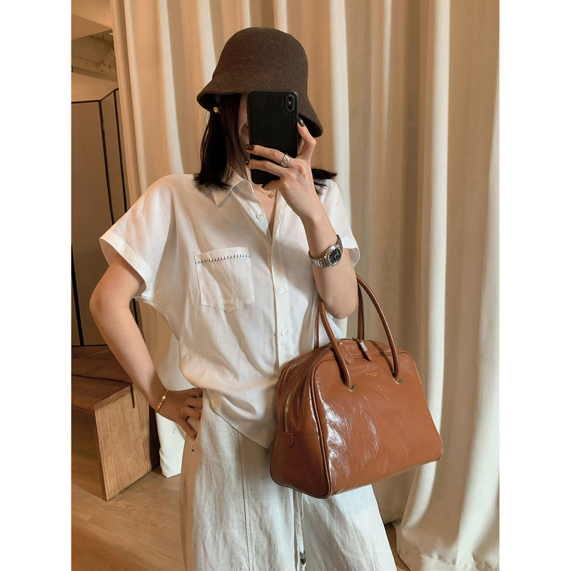 Han Xun Retro Whisper Thin Transparent Shirt with Pocket and Back Slit Drawstring for Women 2026 Summer Model 26838 Han Xun Retro Whisper Thin Transparent Shirt with Pocket and Back Slit Drawstring for Women 2026 Summer Model 26838