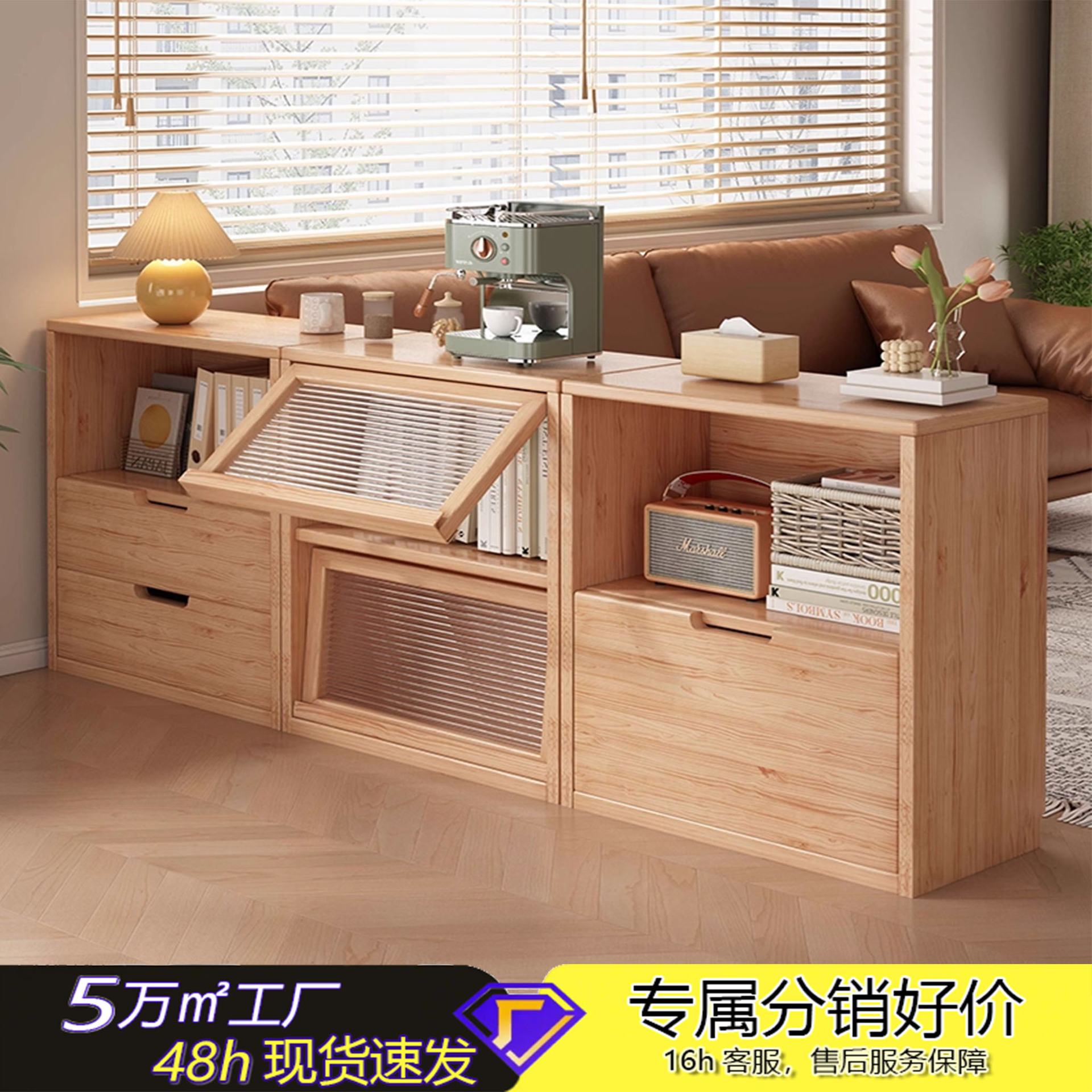 Solid Wood Bookcase Storage Cabinet Simple Side Cabinet Living Room Low Cabinet Home Floor-Standing Storage Cabinet Log Style Combination Storage Cabinet