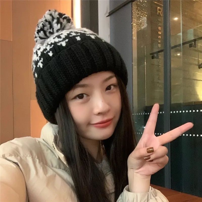 秋冬季新款毛线帽女费尔岛时尚护耳针织帽韩系百搭彩色加厚毛球帽|undefined