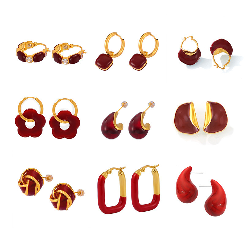 Square Sugar Ins Ankela Red Enamel Earrings Stainless Steel Fashion Light Luxury Geometric Elegant Earrings Female_voghion.com