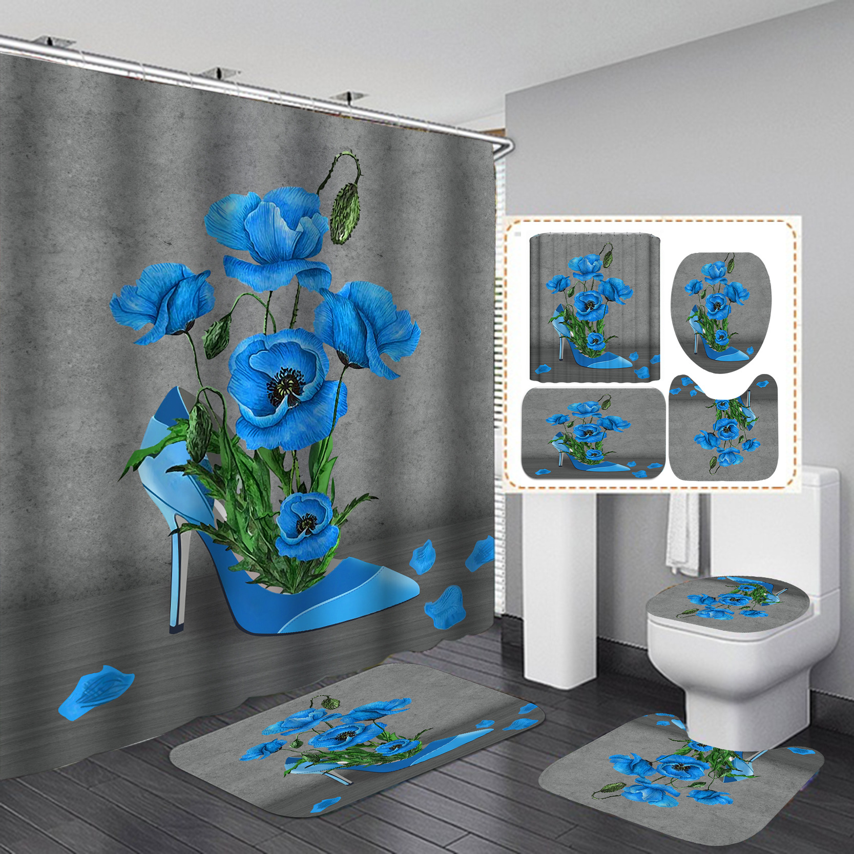 E-commerce transfronterizo HD digital poliéster impresión ducha cortina baño ducha cortina libre C-tipo de plástico colgante anillo 12