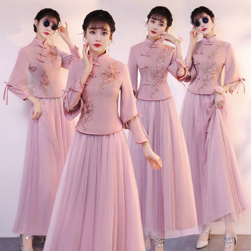 中式伴娘服婚礼春秋夏款中国风新娘结婚伴娘团姐妹裙显瘦旗袍礼服