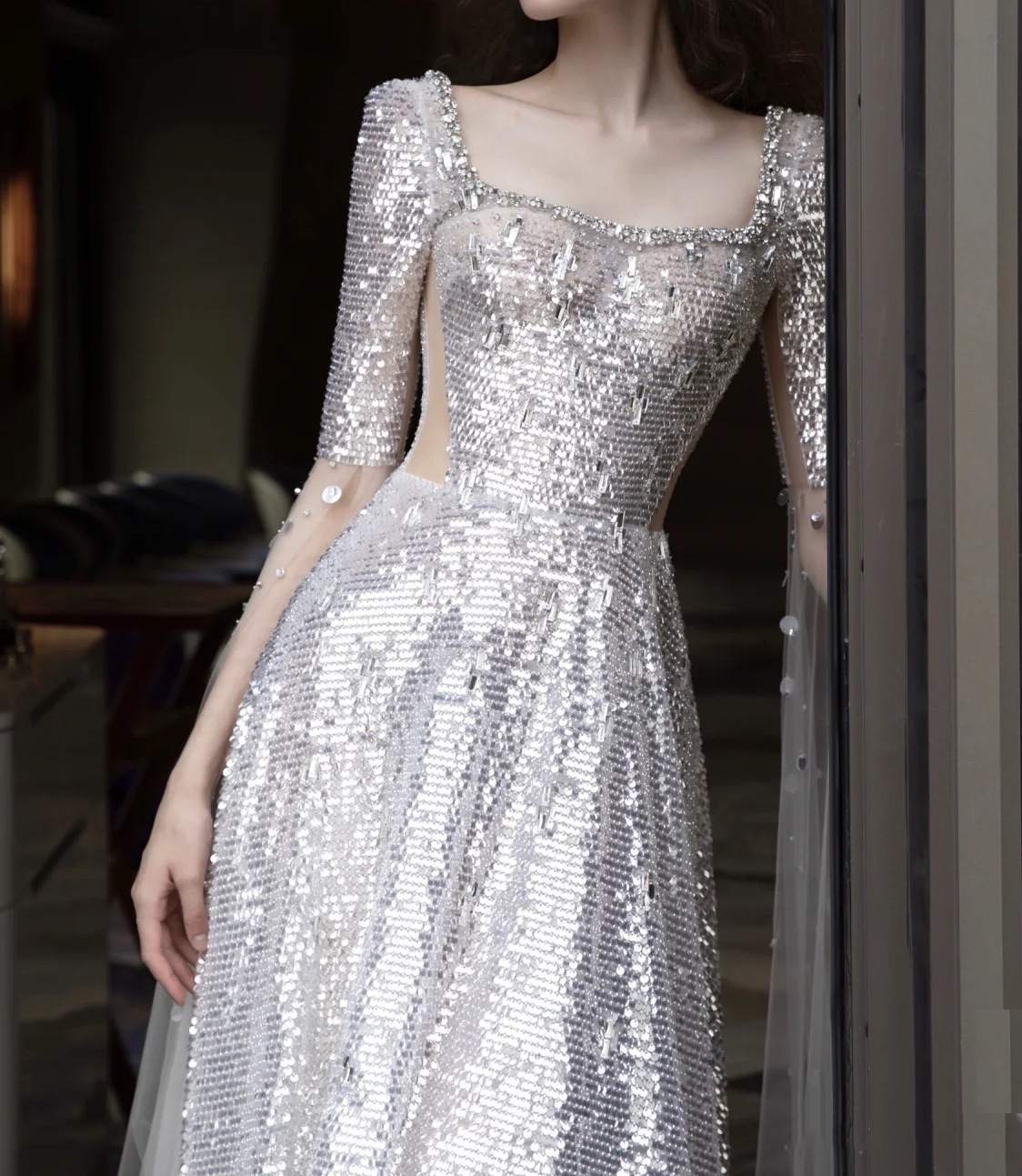 Women's Silver Sequined Off-The-Shoulder Evening Gown Hepburn Style Starry Sky Party Toast Dress Model Runway Annual Event_ecoleips.com