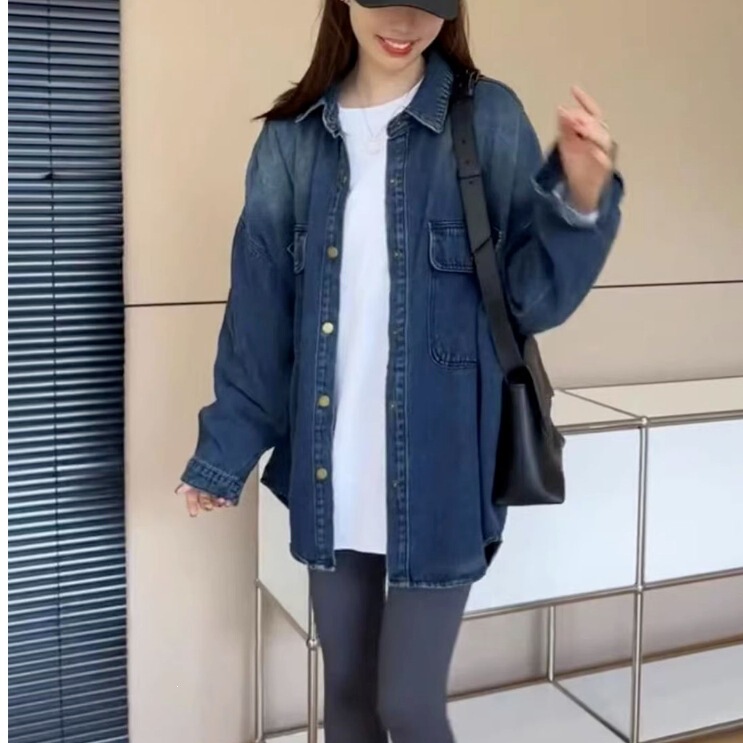 European-Style American Retro Fashion Denim Shirt Jacket for Women, Autumn Lazy Style Mid-Length Shirt, Niche Trendy Top