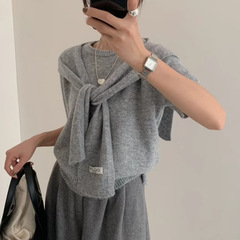 miu系灰色短袖针织衫披肩两件套女秋季新款设计感穿搭显瘦上衣潮