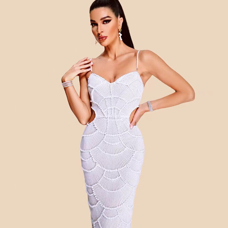 Summer new fashion backless sling slimming beaded tight hollow-out long sequined sheath dress
