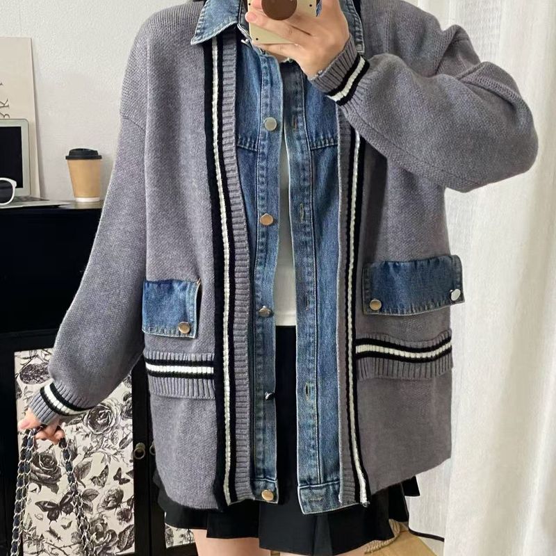 春秋冬设计感牛仔拼接假两件开衫毛衣休闲宽松百搭针织上衣外套|undefined