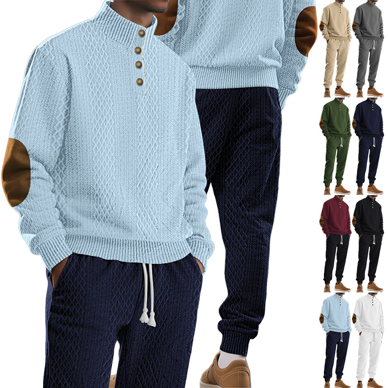 Transfronterizo Europa y América Amazon hombre cuello alto Jacquard casual bordado sweaters deportivos de color sólido manga larga pantalones largos set