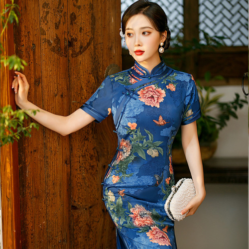 long high split cheongsam modified Chinese peony flower dress Oriental retro Chinese dress Qipao dress Cheongsam for girls 