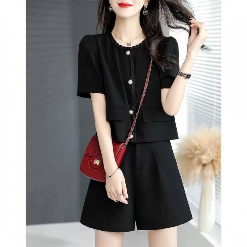 French Casual Short-sleeved suit 2025 Summer New Style Chanel Style Ribbon Cool Women's Black Shirt Two-piece Set French Casual Short-sleeved suit 2025 Summer New Style Chanel Style Ribbon Cool Women's Black Shirt Two-piece Set